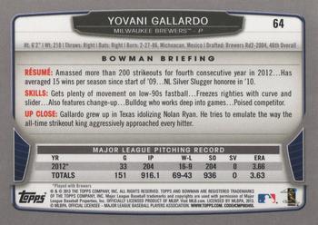 2013 Bowman #64 Yovani Gallardo Back