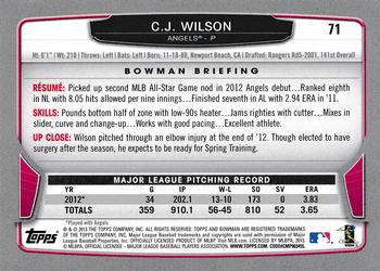 2013 Bowman #71 C.J. Wilson Back