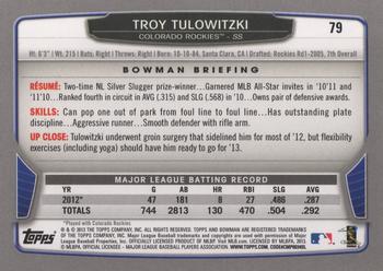 2013 Bowman #79 Troy Tulowitzki Back