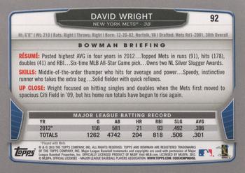 2013 Bowman #92 David Wright Back
