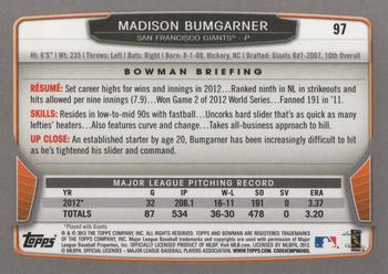 2013 Bowman #97 Madison Bumgarner Back