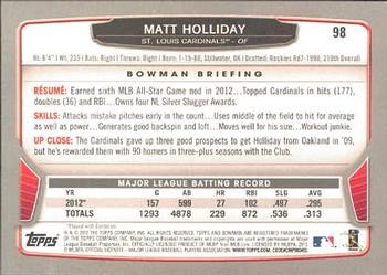 2013 Bowman #98 Matt Holliday Back