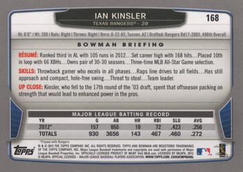 2013 Bowman #168 Ian Kinsler Back