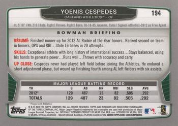 2013 Bowman #194 Yoenis Cespedes Back