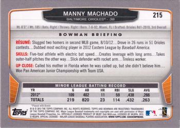 2013 Bowman #215 Manny Machado Back