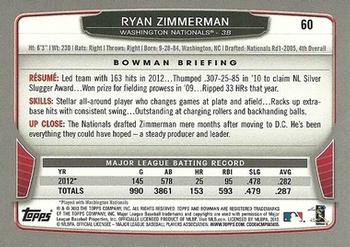 2013 Bowman #60 Ryan Zimmerman Back