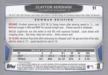 2013 Bowman #91 Clayton Kershaw Back
