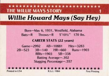 1984 Galasso Willie Mays #1 Willie Mays Back