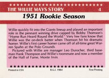 1984 Galasso Willie Mays #4 Willie Mays / Leo Durocher / Hank Thompson / Monte Irvin Back