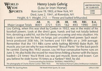 1986 Conlon World Wide Sports Series 1 #17 Lou Gehrig Back