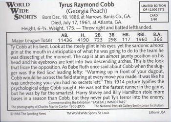 1986 Conlon World Wide Sports Series 1 #2 Ty Cobb Back