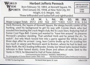 1986 Conlon World Wide Sports Series 1 #51 Herb Pennock Back