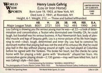 1986 Conlon World Wide Sports Series 1 #1 Lou Gehrig Back