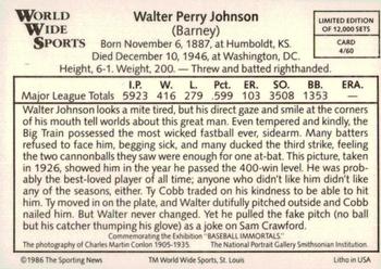 1986 Conlon World Wide Sports Series 1 #4 Walter Johnson Back