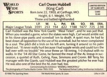 1986 Conlon World Wide Sports Series 1 #15 Carl Hubbell Back