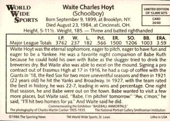 1986 Conlon World Wide Sports Series 1 #26 Waite Hoyt Back