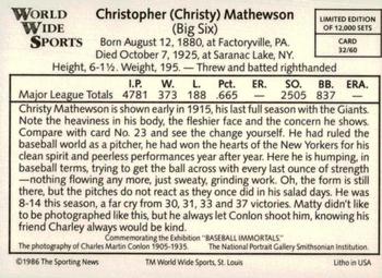 1986 Conlon World Wide Sports Series 1 #32 Christy Mathewson Back