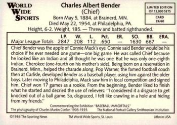 1986 Conlon World Wide Sports Series 1 #39 Chief Bender Back