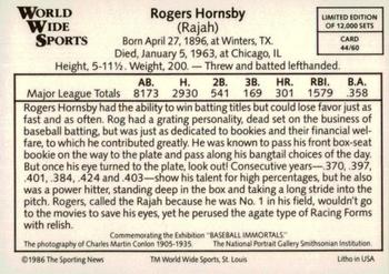 1986 Conlon World Wide Sports Series 1 #44 Rogers Hornsby Back