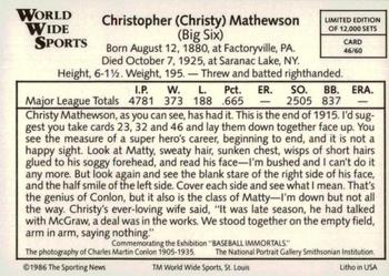 1986 Conlon World Wide Sports Series 1 #46 Christy Mathewson Back