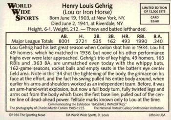 1986 Conlon World Wide Sports Series 1 #52 Lou Gehrig Back