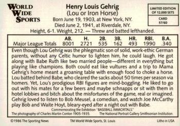 1986 Conlon World Wide Sports Series 1 #57 Lou Gehrig Back