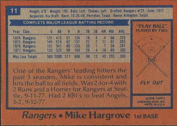 1978 Topps Burger King Texas Rangers #11 Mike Hargrove Back