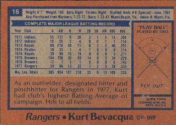 1978 Topps Burger King Texas Rangers #16 Kurt Bevacqua Back