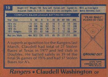 1978 Topps Burger King Texas Rangers #19 Claudell Washington Back