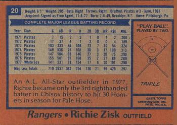 1978 Topps Burger King Texas Rangers #20 Richie Zisk Back