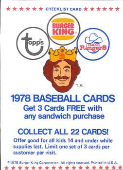 1978 Topps Burger King Texas Rangers #NNO Checklist Front