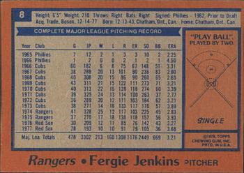 1978 Topps Burger King Texas Rangers #8 Fergie Jenkins Back