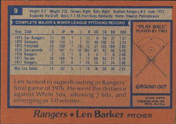 1978 Topps Burger King Texas Rangers #9 Len Barker Back