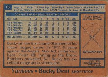 1978 Topps Burger King New York Yankees #15 Bucky Dent Back