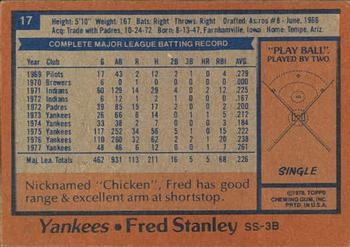 1978 Topps Burger King New York Yankees #17 Fred Stanley Back