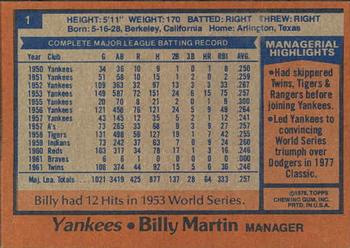 1978 Topps Burger King New York Yankees #1 Billy Martin Back