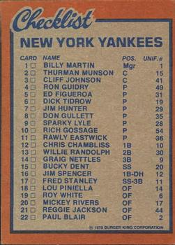 1978 Topps Burger King New York Yankees #NNO Checklist Back