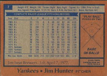 1978 Topps Burger King New York Yankees #7 Jim Hunter Back