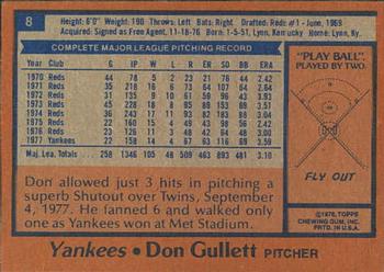 1978 Topps Burger King New York Yankees #8 Don Gullett Back