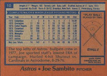 1978 Topps Burger King Houston Astros #10 Joe Sambito Back