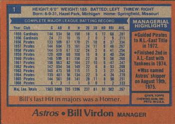 1978 Topps Burger King Houston Astros #1 Bill Virdon Back