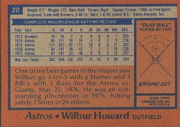 1978 Topps Burger King Houston Astros #20 Wilbur Howard Back