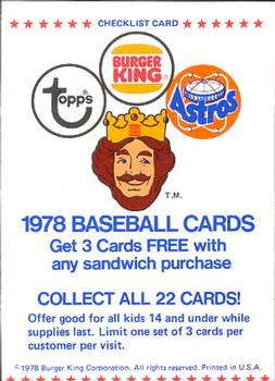 1978 Topps Burger King Houston Astros #NNO Checklist Front