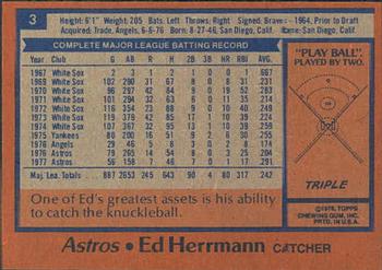 1978 Topps Burger King Houston Astros #3 Ed Herrmann Back