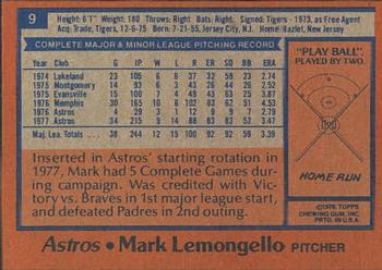 1978 Topps Burger King Houston Astros #9 Mark Lemongello Back