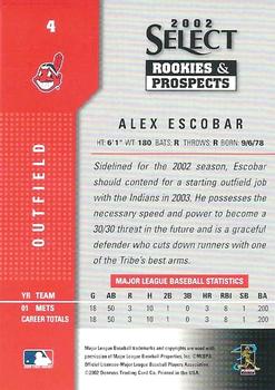 2002 Select Rookies & Prospects #4 Alex Escobar Back
