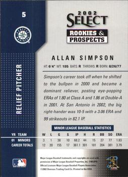 2002 Select Rookies & Prospects #5 Allan Simpson Back