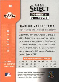 2002 Select Rookies & Prospects #18 Carlos Valderrama Back