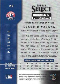 2002 Select Rookies & Prospects #22 Claudio Vargas Back
