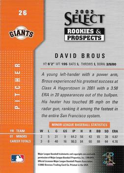 2002 Select Rookies & Prospects #26 David Brous Back
